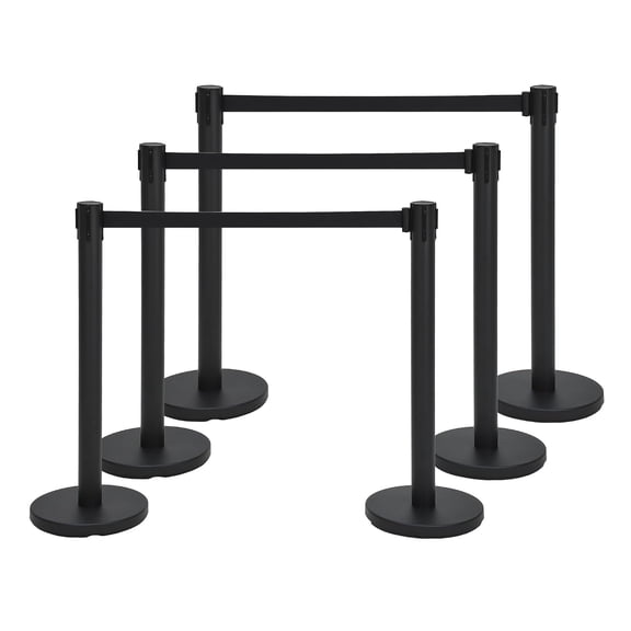 6 Pack Retractable Belt Stanchions 6.6 Ft Crowd Control Barriers with Heavy Steel Base - Black