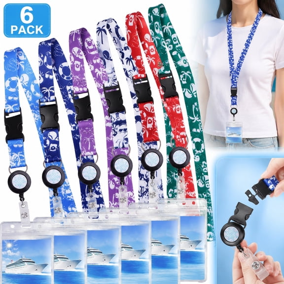 6 Pack Retractable Ladyards with Detachable Buckle, Waterproof ID Badge Reel Holder for Key Cards, Cruise Essentials, Work Security Pass
