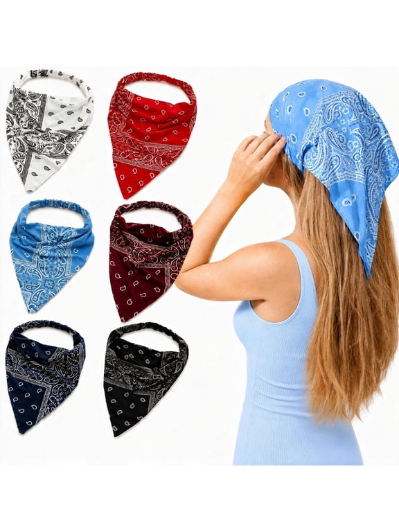 6 Pack Retro Paisley Triangle Head Scarves, Elastic Bandana Headbands for Women, Boho Lightweight Hair Wraps, Versatile Head Cover Accessories for Daily Outfits