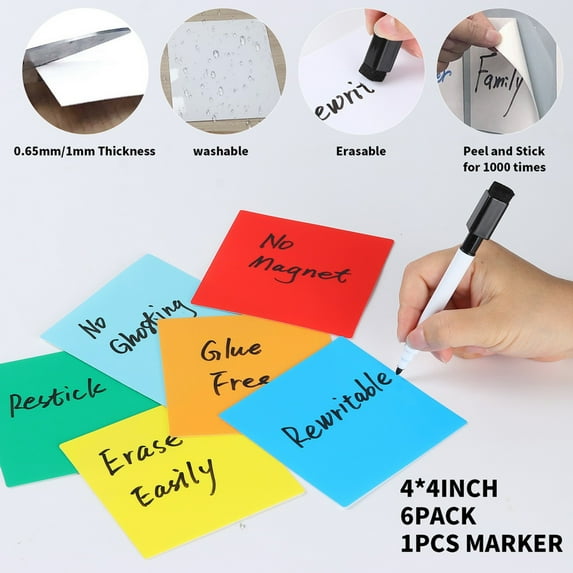 6-Pack Reusable Dry Erase Sticky Notes, 4x4 Inch Smudge-Resistant Whiteboard Labels, Eco-Friendly Cling Decals for Glass, Multi-Color Magnetic-Free 6PCS
