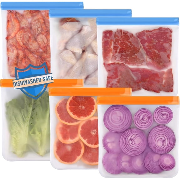 6 Pack Reusable Gallon Freezer Bags Dishwasher Safe, BPA Free Reusable 1 Gallon Bags, Leakproof Food Storage Bags for Marinate Meats, Cereal, Vegetables, Home Organization(Multicolor, 6Gallon)