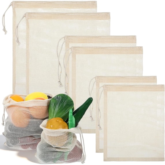 6 Pack Reusable Mesh Produce Bags, Multi-Size Vegetable Bags Set with Drawstring, Washable Portable Grocery Bag for Vegetables Fruits Shopping Refrigerator Storage Travel