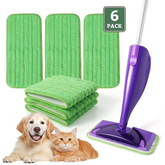 6 Pack Reusable Mop Pads Compatible with Wetjet Mop, Size 12 in x 5.5in, Green