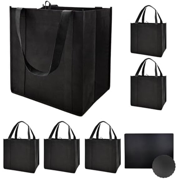 6 Pack Reusable Reinforced Handle Grocery Bags - Heavy Duty Large Shopping Totes with Thick Plastic Bottom can hold 45+ lbs (6, Black)