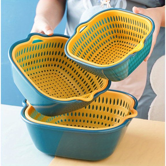 6 Pack Reusable Vegetable Washing Basket - Double Layer Plastic Filter Screen Strainer for Fruits & Vegetables, Kitchen Colander Set, Dishwasher Safe, Kitchen Gadgets & Accessories