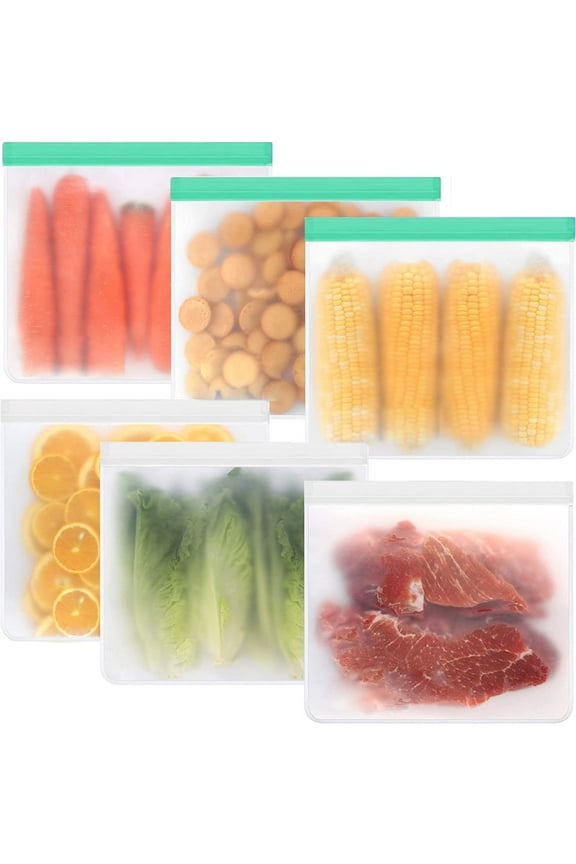 [6 Pack] Reusable Ziplock Bag for Food Storage Fridge Organiser,Sherry Extra Thick Eco-Friendly Leakproof Food-Grade PEVA Freezer Bags,Home Kitchen Organisation Tools & Gadgets（Green - Transparent)