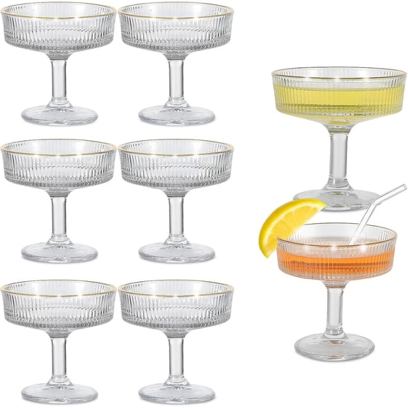 6-Pack Ribbed Coupe Glasses - 7 oz Vintage Martini Glasses Set, Crystal Clear Whiskey Cocktail Cups (4.25 in Tall) for Home Bar, Wedding Gifts - Shatter-Resistant Packaging