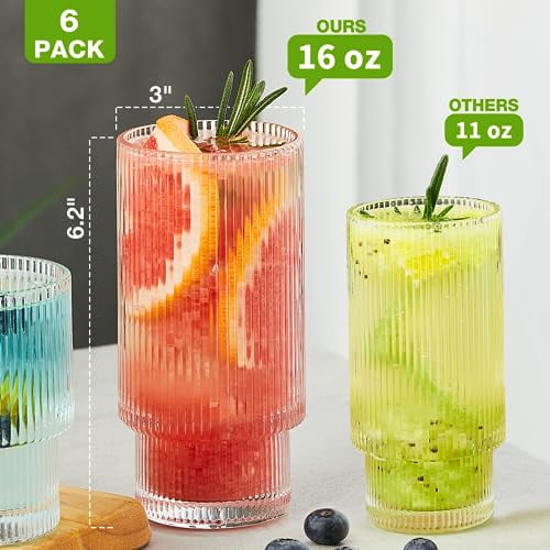 Set Of Ribbed Drinking Glasses – Vintage Style Glass Cups For Iced Coffee, Juice, Beer & Cocktails