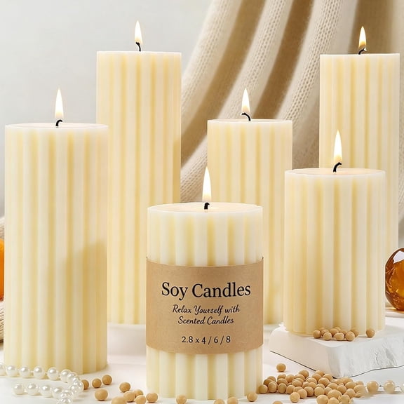 6 Pack Ribbed  Pillar Candles, Cashmere  Scented  Soy Wax Candle, 532 H Long  Soy Candles, 2.8x4/6/8 inch Large Pillar Candles  Set for , Relaxation, Mantle