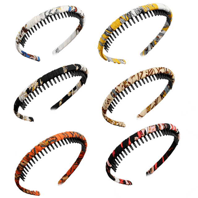 6 Pack Ribbon Wrapped Metal Headbands with Teeth Comb Hair Hoop Hairband for Women Girls