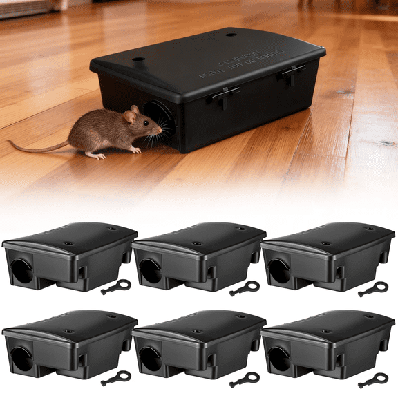 6 Pack Rodent Bait Stations, Lockable Mouse and Rat Bait Boxes with Keys, Reusable Bait Holders for Indoor and Outdoor Use, Black