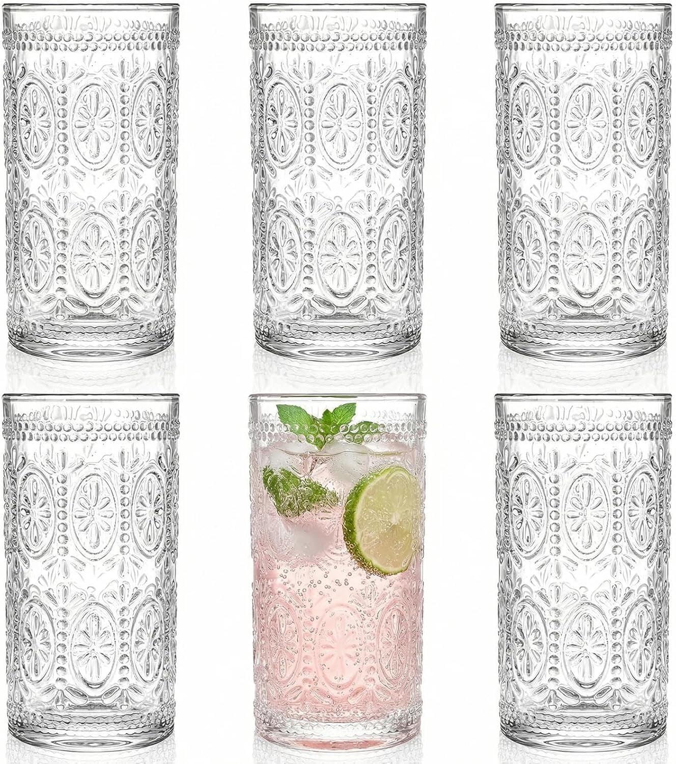 6 Pack Romantic Drinking Glasses, 12 oz Highball Glasses, Thick Water Glasses, Tall Glass Cups for Beverages, Beer, Cocktail, Vintage Glassware Set for Dinner Parties, Bars, Restaurants