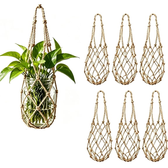 6 Pack Rope Net Dry Flower Glass Vase Rattan Hanging, Handwoven Rope Mesh Hanger, Rustic Decorative Jar Hanging Net for Wide Mouth Jar, Ball Pint Jar, and Canning Jars