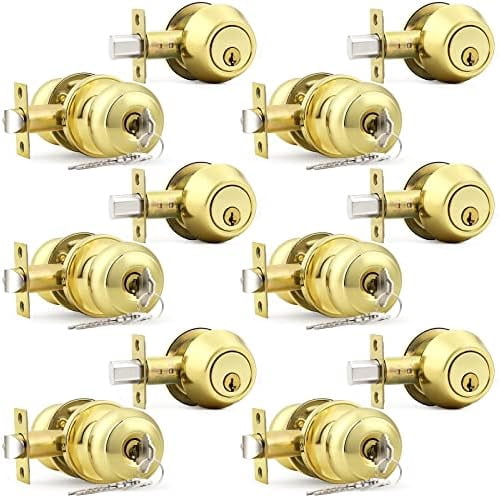 6 Pack Round Ball Entry Door Knobs and Single Cylinder Deadbolt Combo Sets for Exterior Door, Polished Brass, Keyed Alike