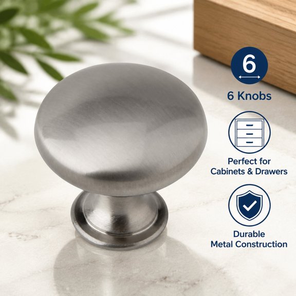 6 Pack Round Cabinet Knobs 30mm Brushed Satin Nickel Drawer Pulls for Kitchen Bathroom Closet Doors