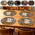 thumbnail image 1 of 6 Pack Round Halloween Ghost Pumpkin Boo Print Linen Placemats, Non-Slip Reusable Washable Fabric Table Mats, Heat Resistant Spill Proof Table Decor for Dining Table Holiday Party Indoor Home Decor, 1 of 7