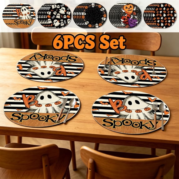 6 Pack Round Halloween Ghost Pumpkin Boo Print Linen Placemats, Non-Slip Reusable Washable Fabric Table Mats, Heat Resistant Spill Proof Table Decor for Dining Table Holiday Party Indoor Home Decor