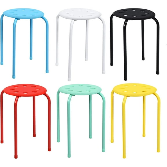 6-Pack Round Plastic Stack Stools, 17.5-inch Height Backless School Classroom Decoration Stools with Metal Frame, Portable Stackable Chairs for Kids Children Students, Colorful