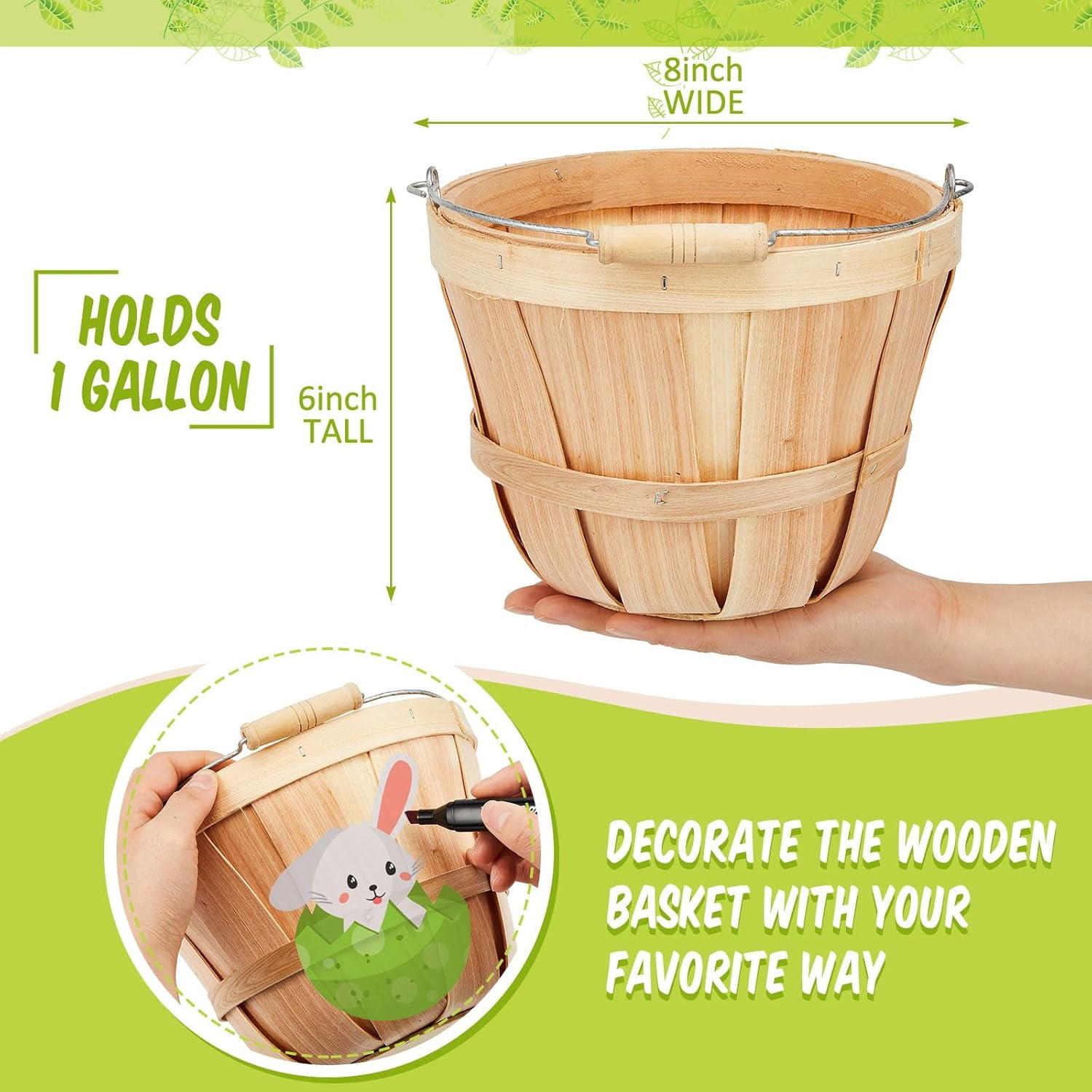6 Pack Round Wooden Fruit Baskets Small Bushel Apple Buckets with Handle Display Buckets for Gifts Empty Easter Spring Winter Basket for Fruits Vegetables, Home Party Supplies