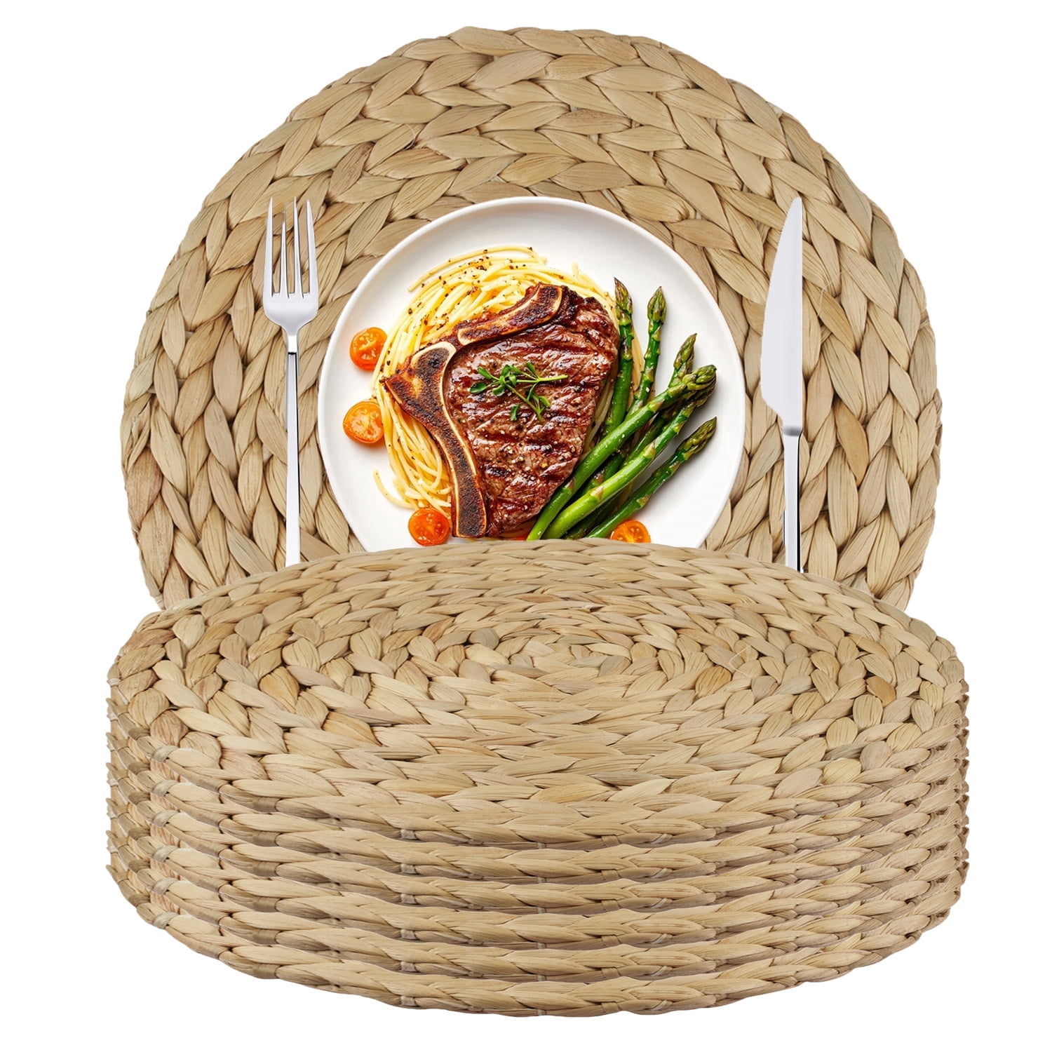 6 Pack Round Woven Placemats Natural Water Hyacinth Wicker Place mats Braided Straw Table Mats Charger Plates for Dining Table, Fall, Thanksgiving, Christmas (11.8 inch)