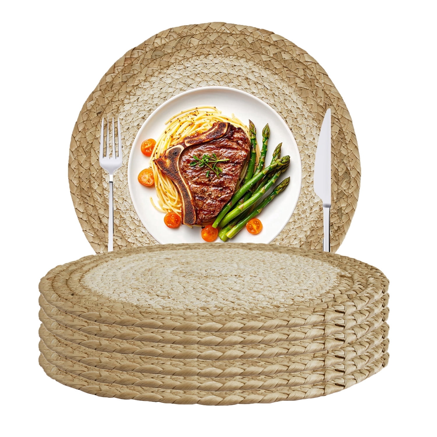 6 Pack Round Woven Placemats Natural Water Hyacinth Wicker Place mats Braided Straw Table Mats Charger Plates for Dining Table, Fall, Thanksgiving, Christmas (11.8 inch)