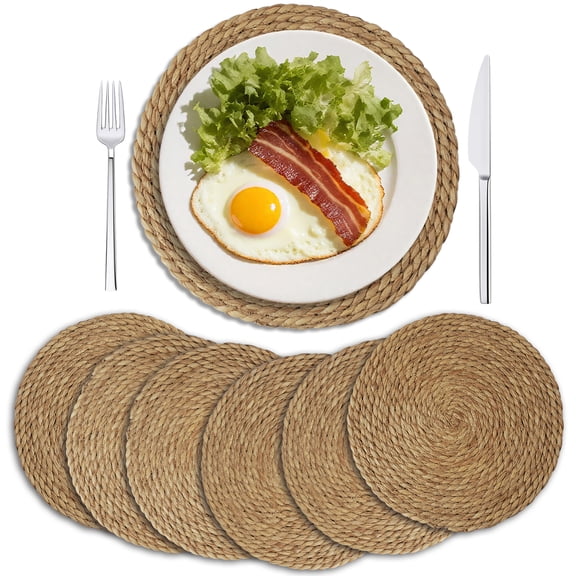 6 Pack Round Woven Placemats Natural Water Hyacinth Wicker Place mats Braided Straw Table Mats Charger Plates for Dining Table, Fall, Thanksgiving, Christmas (11.8 inch)