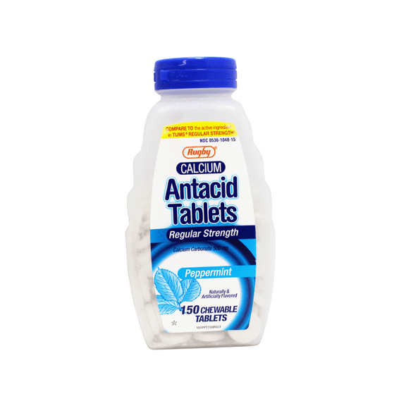 Rugby Calcium Carbonate 500mg Antacid Tablets Peppermint, Regular Strengh, 150 Chewable Tablets - 6 Pack