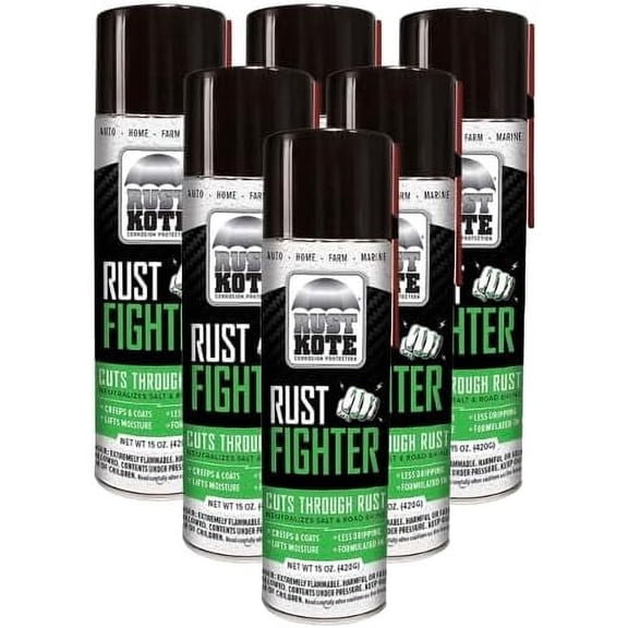 6 Pack - RustKote - Rust Fighter Aerosol, 15oz, Corrosion Protection, Salt Neutralizer, Lifts Moisture, Creeps & Coats While Protecting Metal. Rust Inhibitor Spray for use on Cars, Equipment, Etc