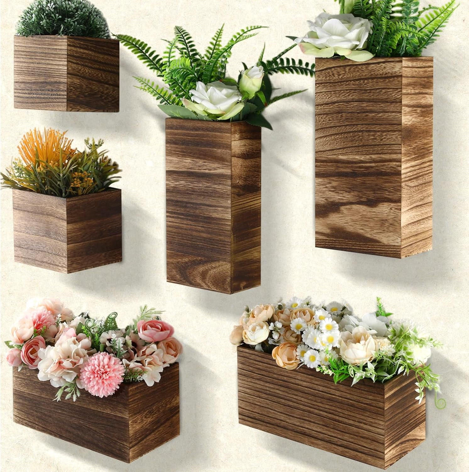 6 Pack Rustic Wood Wall Planters Hanging Wall Planters Pocket Vases ...