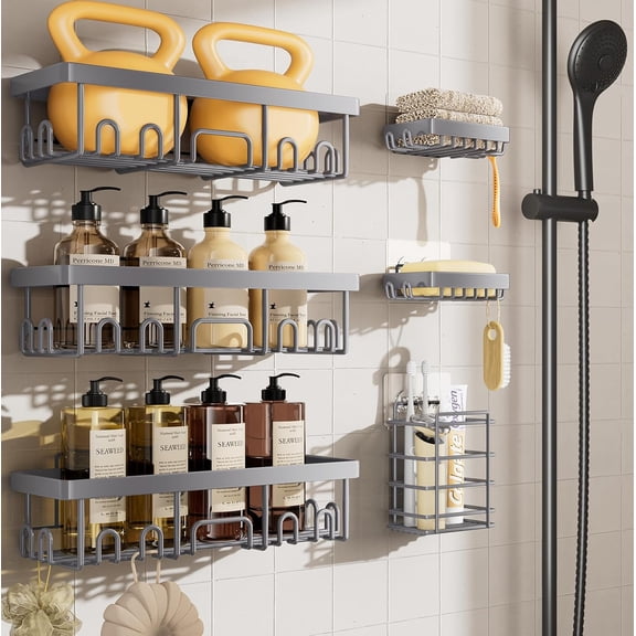 6-Pack Rustproof & Waterproof Shower Caddy, Adhesive Shelves Rack, Large Capacity Bathroom, College Dorm & Apartment Organizers, No-Drill Wall Mount Living Room & Bedroom Decor, Light Grey