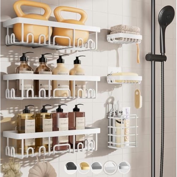 6-Pack Rustproof&Waterproof Shower Caddy, Adhesive Shelves Rack with Soap Holder, Large Bathroom & Washroom Organizer, No Drilling Wall-Mounted Kitchen&Home Decor,Ideal for Bathtub Storage,White
