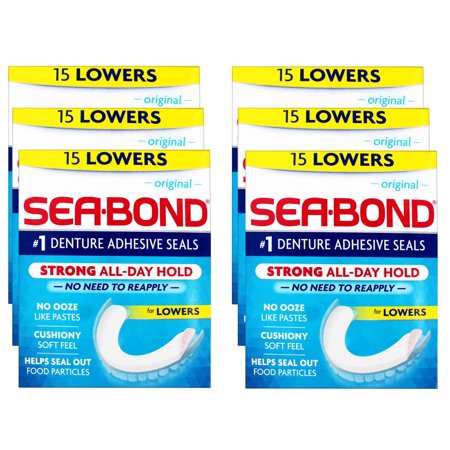 6 Pack - Sea-Bond Secure Denture Adhesive Seals, Original Lowers, Zinc-Free, All-Day-Hold, Mess-Free, 15 Count