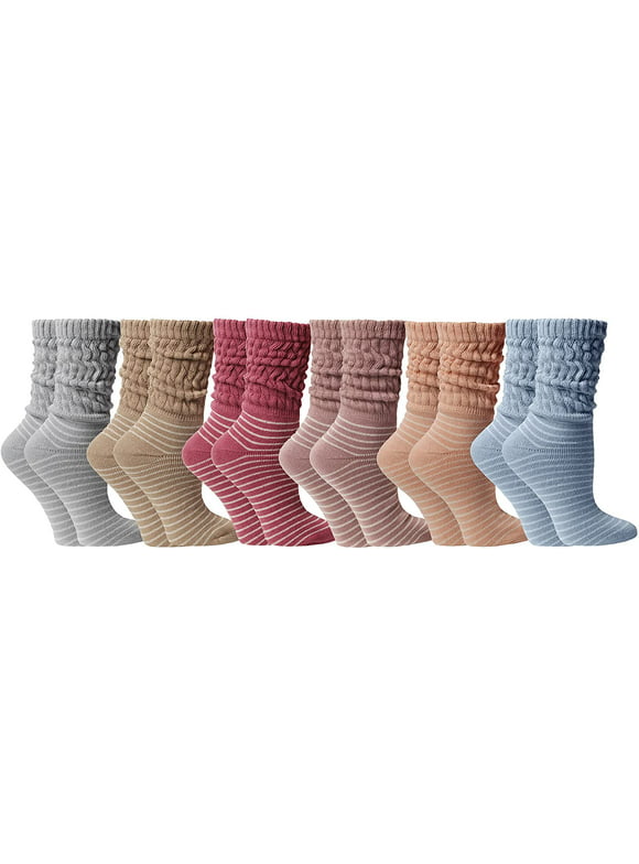 6 Pack SOCKS'NBULK Scrunch Socks for women Cotton Slouch Sock, Woman Knee High Boot Sock, 9-11 (Striped Neutral)