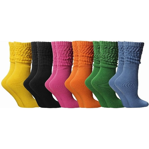 6 Pack SOCKS'NBULK Scrunch Socks for women Cotton Slouch Sock, Woman Knee High Boot Sock (Bold Bright)