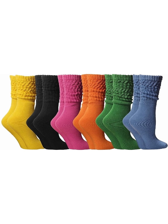 6 Pack SOCKS'NBULK Scrunch Socks for women Cotton Slouch Sock, Woman Knee High Boot Sock (Bold Bright)