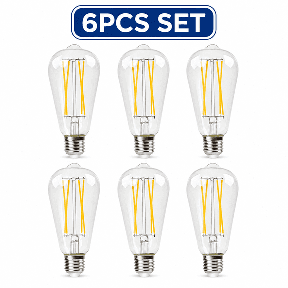 6-Pack ST64 LED Edison Light Bulbs, E26 Base, 6W 60W Equivalent, 2700K Warm White, Clear Glass, CRI 85+, 3-Level Dimmable