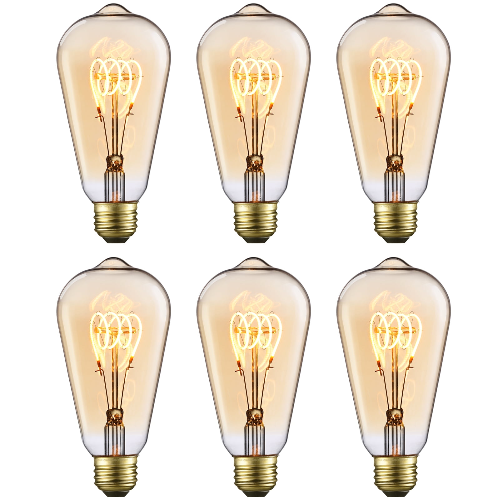 6Pack ST64 LED Light Bulb Dimmable, LED Vintage Edison Bulbs, E26 Base, Antique Squirrel Cage Bulbs, 2000K Amber Light