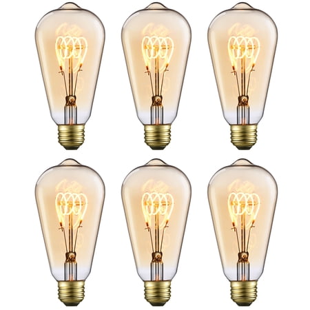 6Pack ST64 LED Light Bulb Dimmable, LED Vintage Edison Bulbs, E26 Base, Antique Squirrel Cage Bulbs, 2000K Amber Light