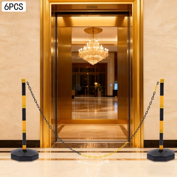 6 Pack Safety Bollards with Chains, Yellow Black Free Standing Crowd Control Barriers 33.5" Tall, Fillable Weighted Base Parking Lot Posts, Portable Queue Management Stanchions