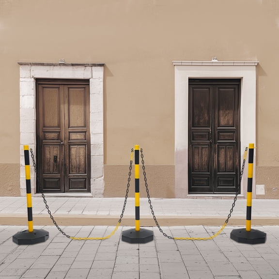 6 Pack Safety Bollards with Chains, Yellow Black Free Standing Crowd Control Barriers 33.5" Tall, Fillable Weighted Base Parking Lot Posts, Portable Queue Management Stanchions