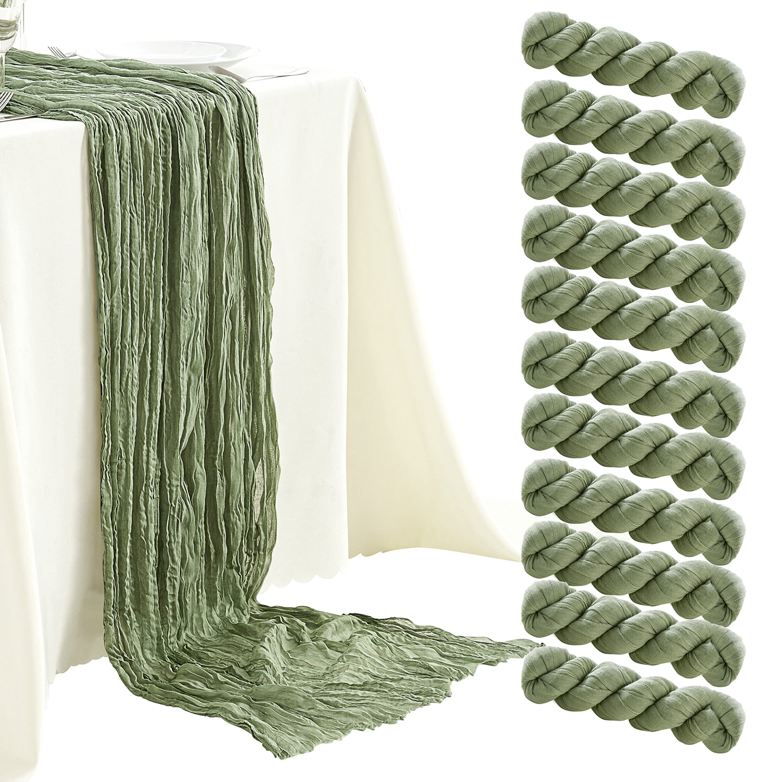 6 Pack Sage Green Cheesecloth Table Runners 10ft Wide Gauze Boho for Bridal Shower Wedding Table Decorations
