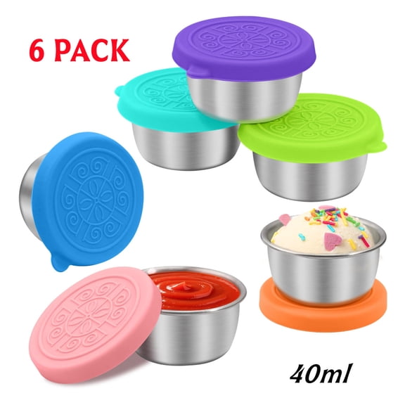 6 Pack Salad Dressing Container to Go, Leakproof Reusable Stainless Steel Small Container with Lid,Sauce Containers for Lunch Box, Travel, Picnics & Kitchen Storage