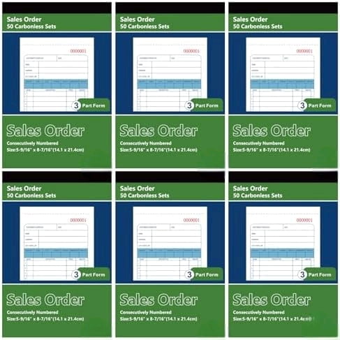 6 Pack Sales Order Book, 5-9/16" x 8-7/16" Receipt Book with Carbon Copies,3-Part Carbonless (White,Yellow and Pink),50 Sets per Book, 300 Total Sets$$Office