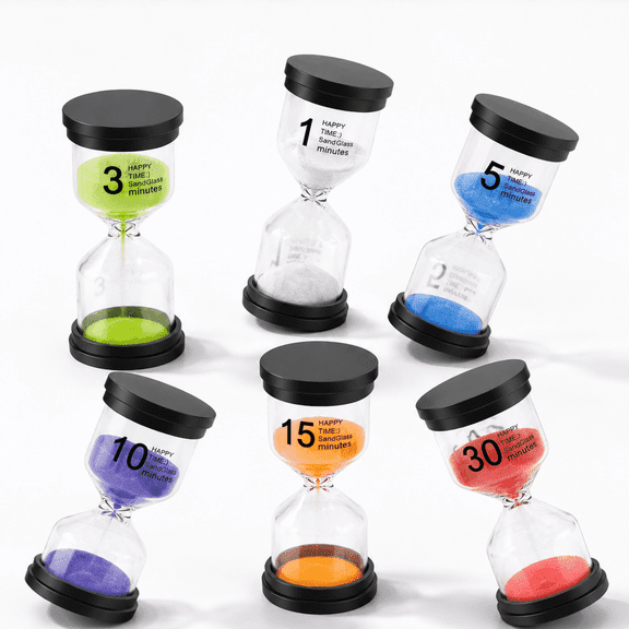 6‑Pack Sand Timers Set, 1/3/5/10/15/30 Minutes Hourglass Timers with Protective Cover, Multicolor Visual Timer for Classroom, Kitchen & Home Time Management