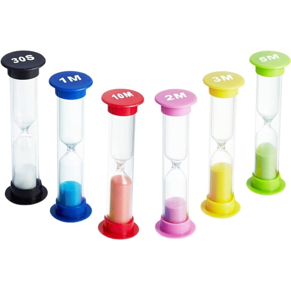 6 Pack Sand Timers for Kids Colourful Hourglass Sand Timer Set (30s, 1/2/3/5/10 Min) For Classroom, Game, Home, Office, Kitchen Cooking, Toothbrush Timer for Children, Kids