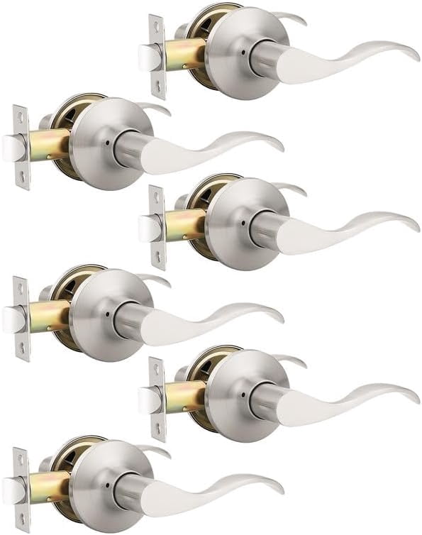 6 Pack Satin Nickel Modern Interior Passage Door Knobs, Keyless Door Handle for Hallway & Closet, Wave Style Non-Locking Door Lever Reversible for Left & Right Handed