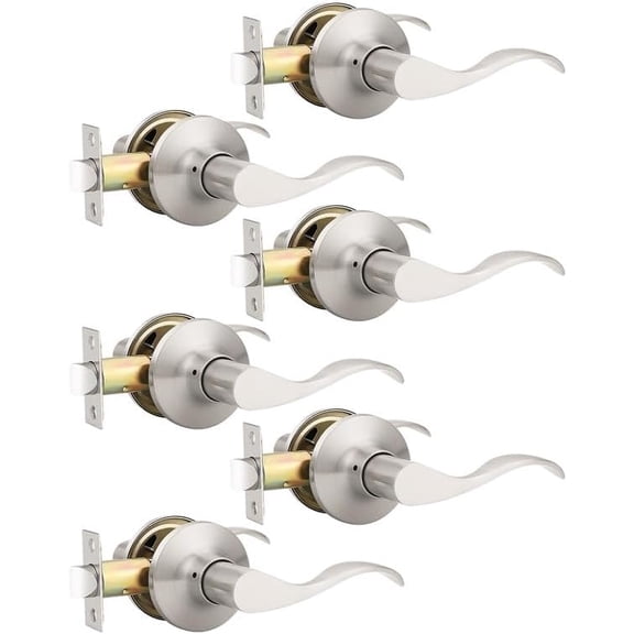 6 Pack Satin Nickel Modern Interior Passage Door Knobs, Keyless Door Handle for Hallway & Closet, Wave Style Non-Locking Door Lever Reversible for Left & Right Handed