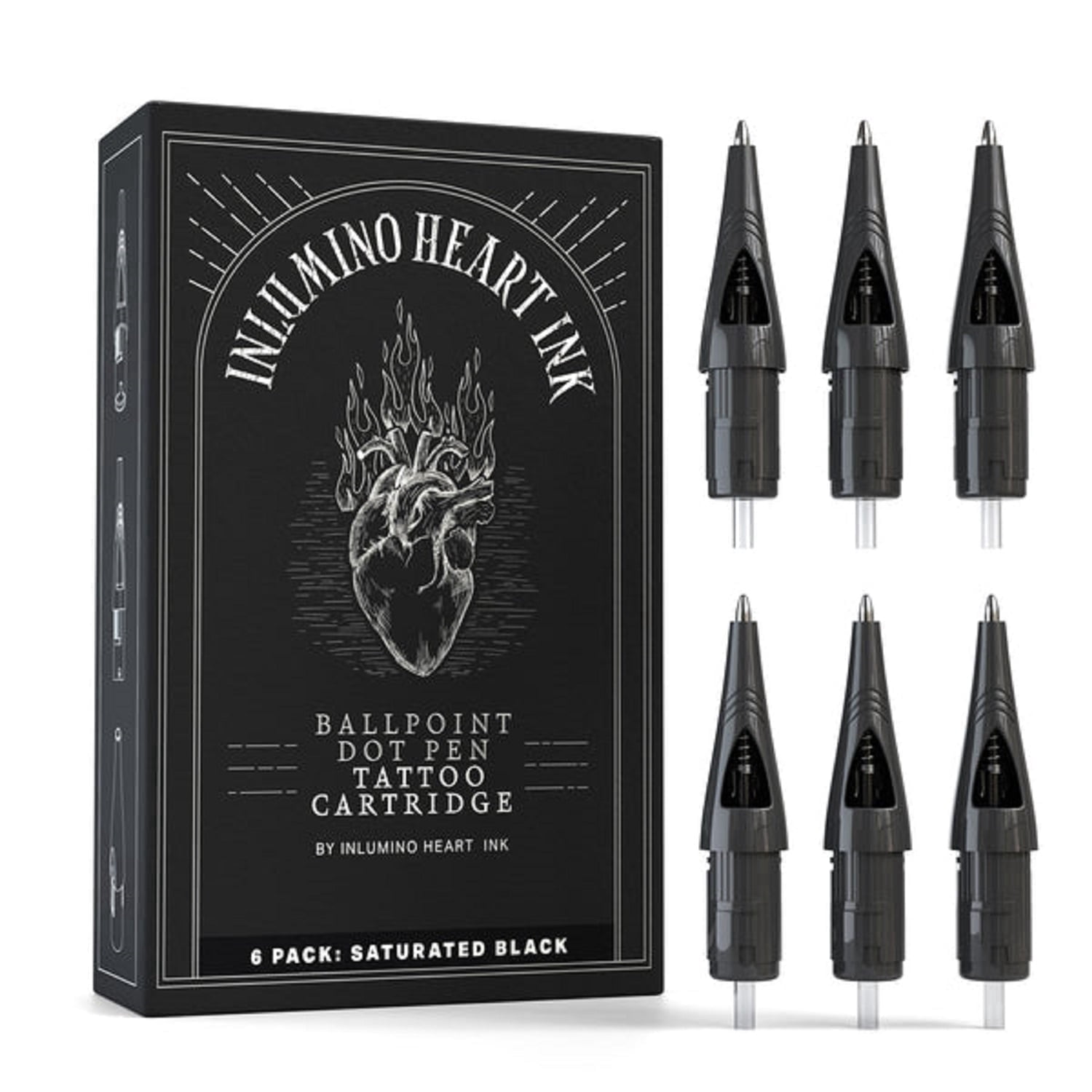 Inlumino Heart Ink Ballpoint Pen Cartridges – Saturated Black Ink (6 Pack) – Practice Cartridges for Rotary Pen – Water-Based Ink with Bold Color
