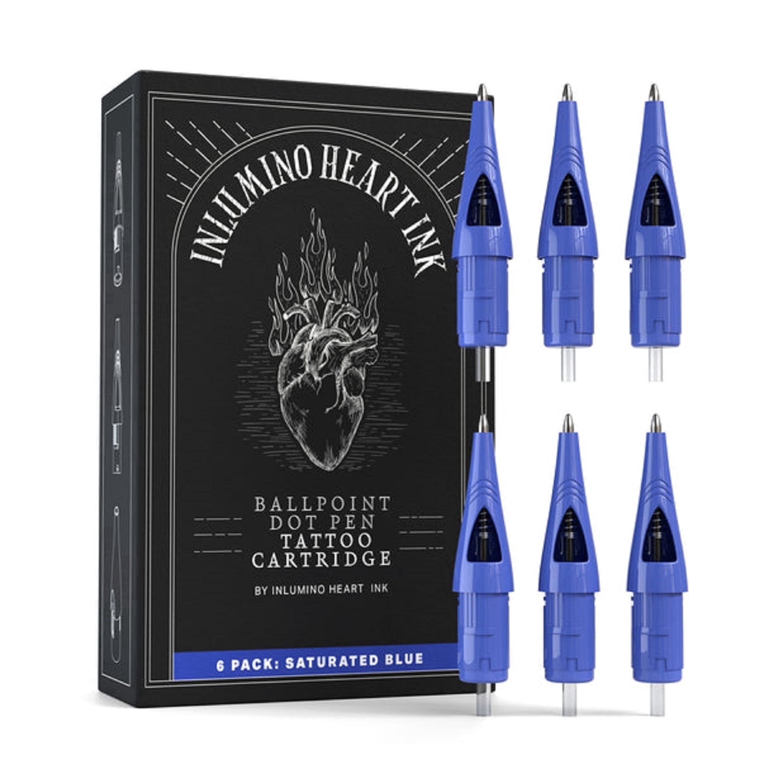 Inlumino Heart Ink Ballpoint Pen Cartridges – Saturated Blue Ink (6 Pack) – Practice Cartridges for Rotary Pen – Water-Based Ink with Bold Color
