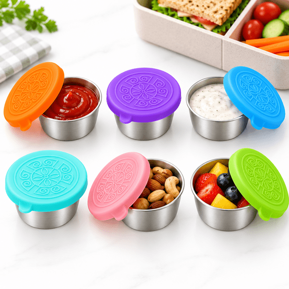 6 Pack Sauce Containers, Stainless Steel Condiment Cups with Colorful Lids, Reusable Dip Containers for Lunch Box, Salad Dressing Ketchup Snack Cups for School Office Travel Picnic